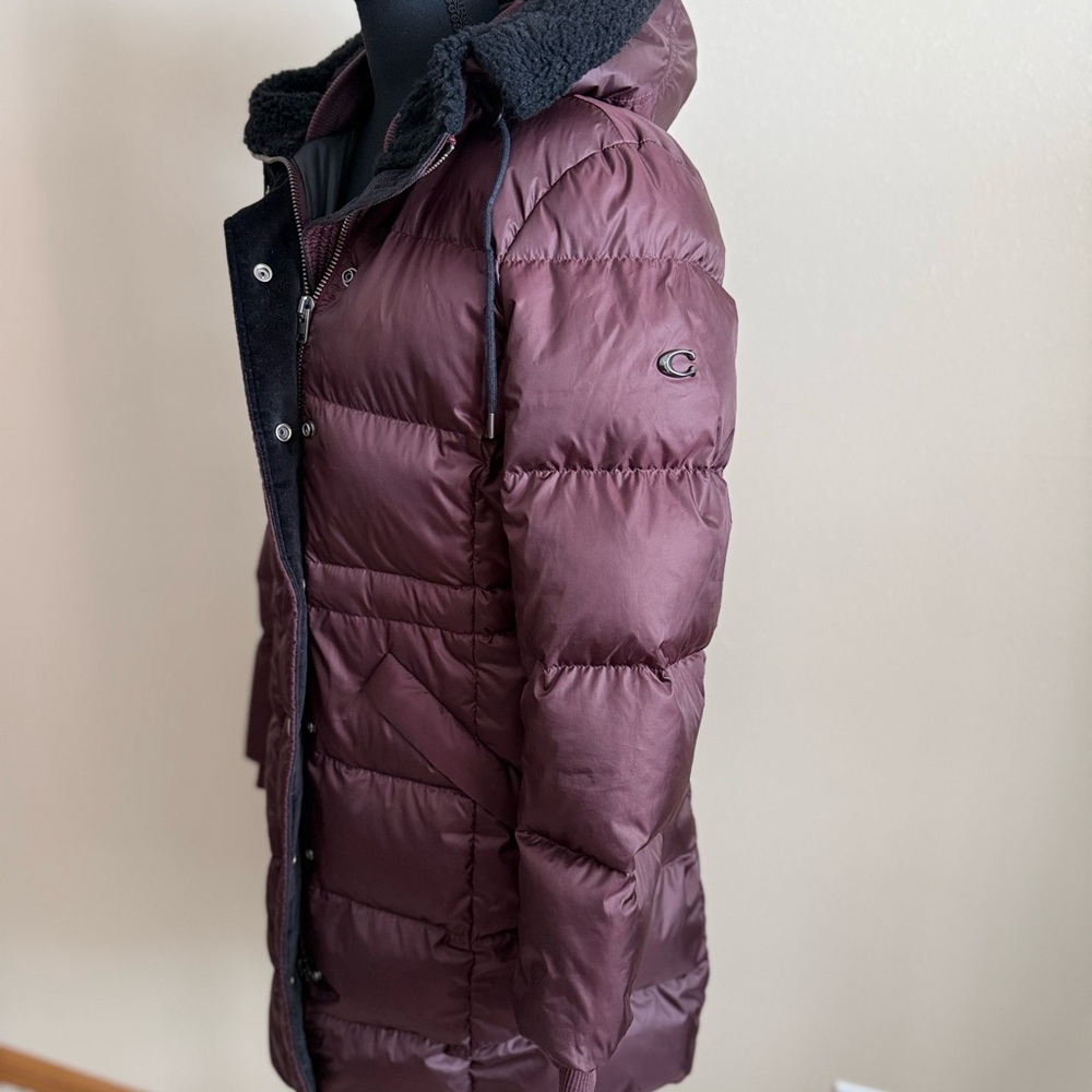 Coach Down Puffer Coat Long Hooded | Faux Fur Trim | Plum | Size Small | - Picture 4 of 16